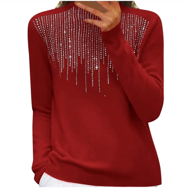 WRKEKC Chandails pour Femmes Couleur Unie avec Strass Manches Longues Col Rond Tricot Automne Hiver Tenues Tendance