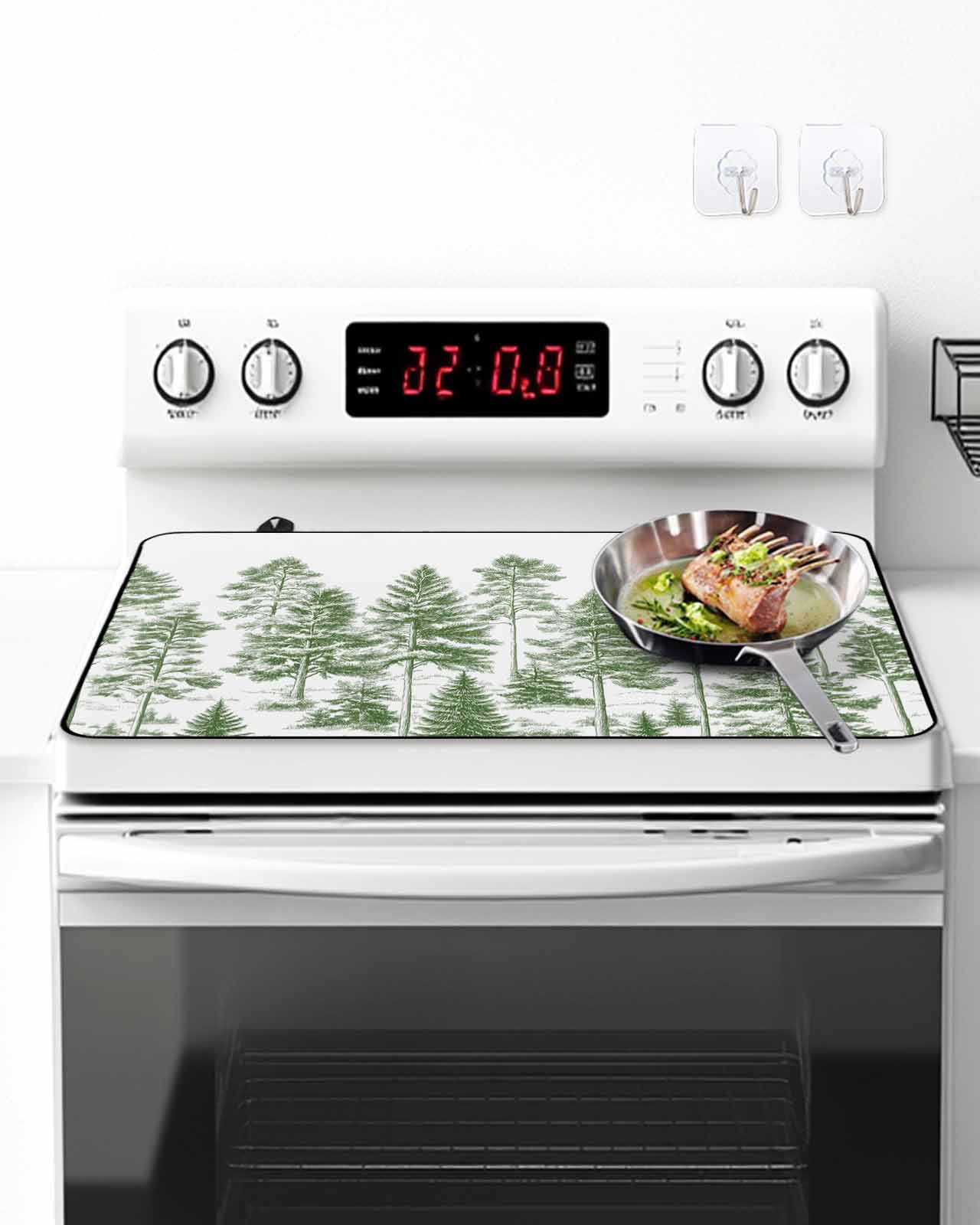 Stove Top Covers for Electric Stove, Green Pine Tree Glass Stovetop Cover Protector, Vintage Watercolor Botanical Induction Cooktop Protector Oven Mat for Kitchen Countertop 24"x21"