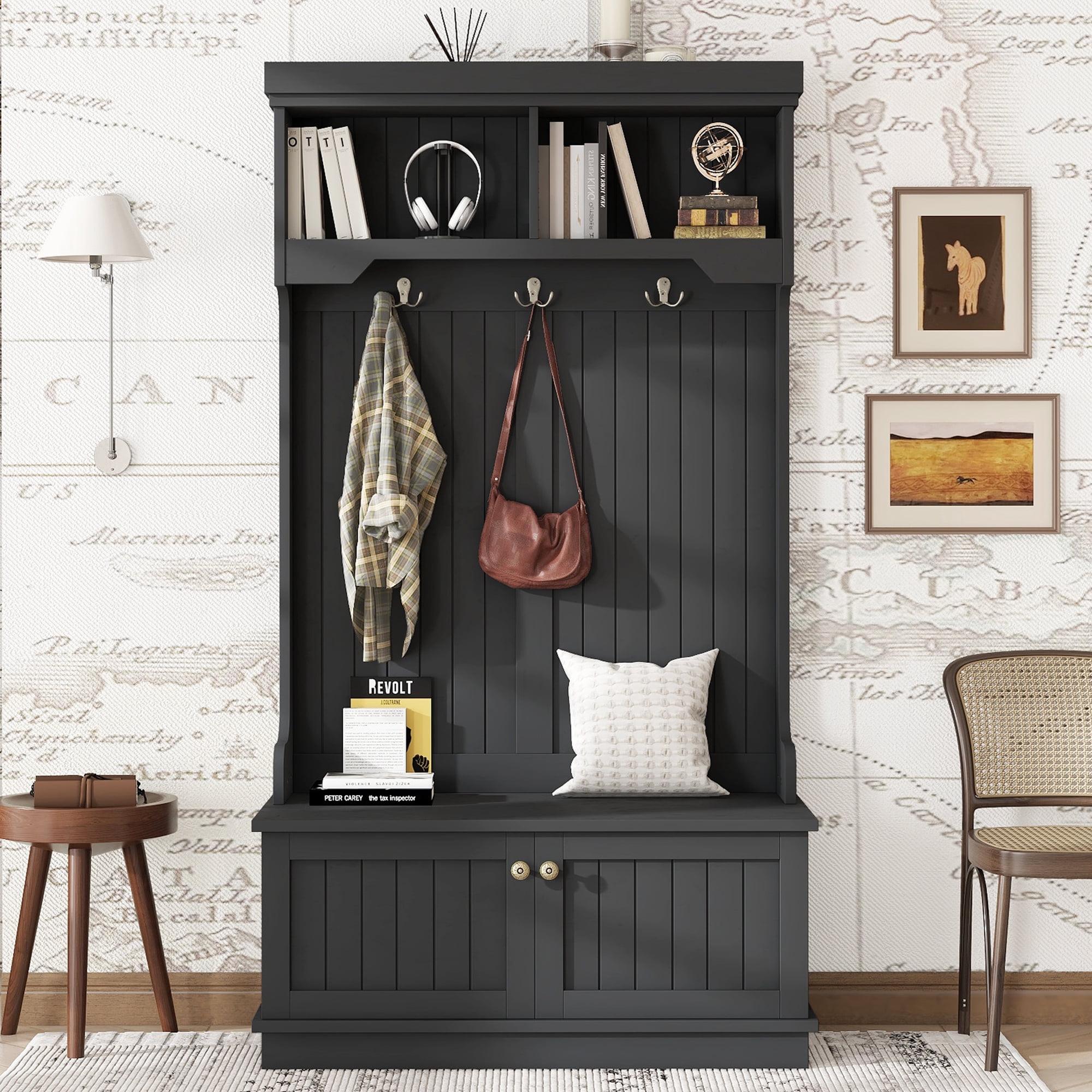 Hall Tree with Shoe Bench and Storage Cabinet, 4-in-1 Coat Rack with Hooks and Display Shelf for Entryway Living Room, Black