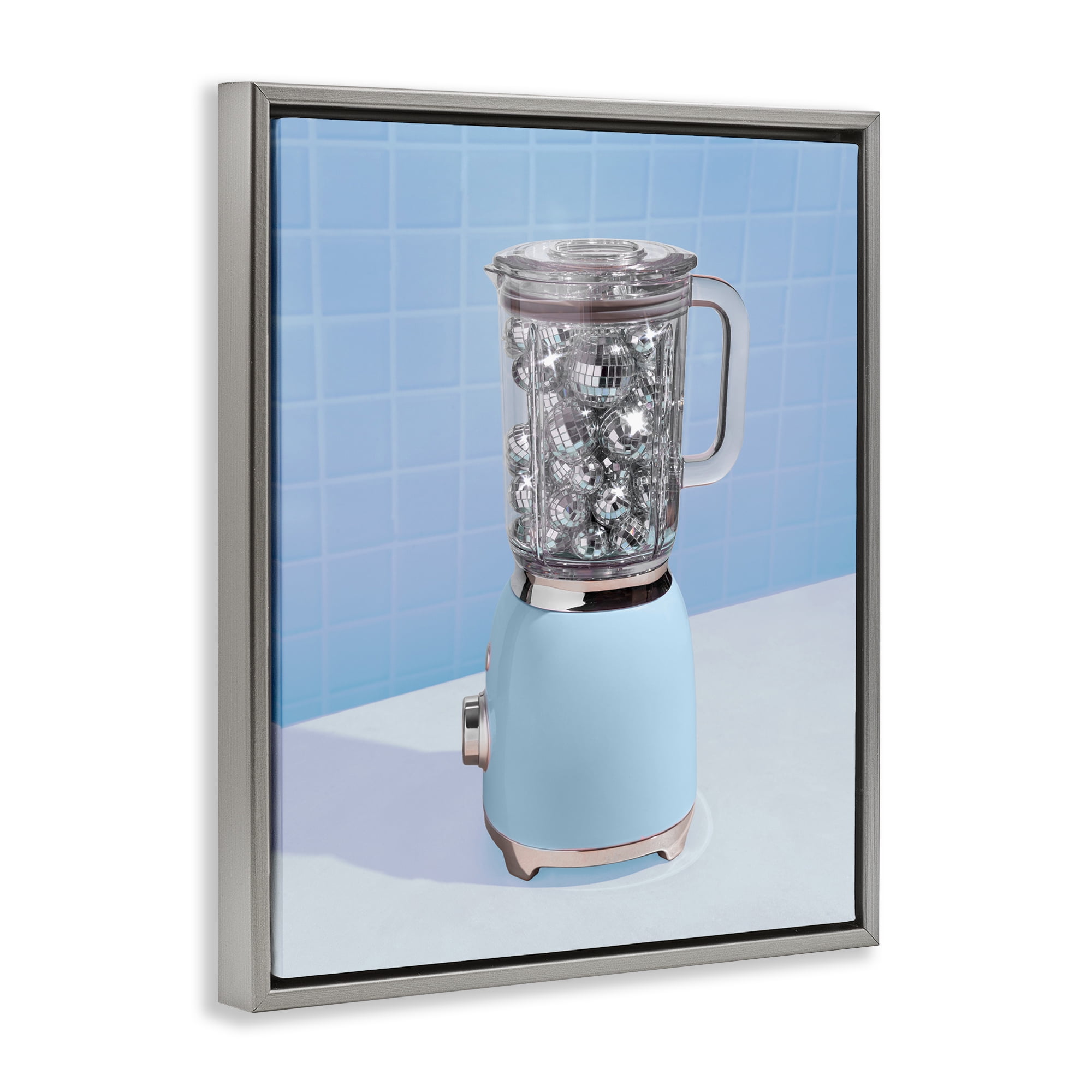 Blue Retro Disco Blender Gray Framed Floater Canvas Wall Art, design by LISH Creative