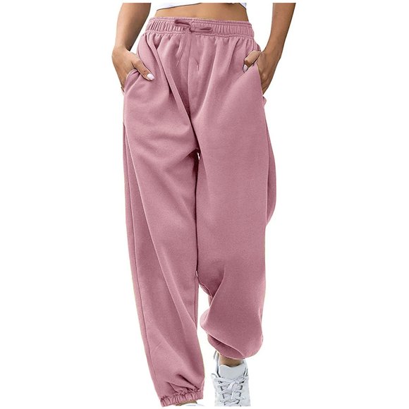 LOVZFMLL Women's Pants, Casual Solid Elastic Waist Trousers Long Straight Pants Pink, XL
