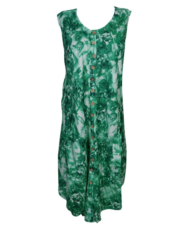 Mogul Womens Tank Dress Tie Dye Button Front Scoop Neck Sleeveless Loose Fit A-line Summer Style Gypsy Sundress
