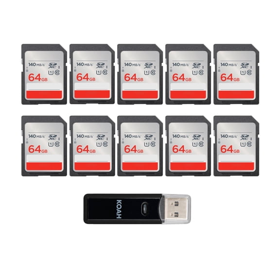 SanDisk 64GB Ultra Class 10 UHS-I SDXC Memory Card (140 MB/s, 10-Pack) Bundle with Card Reader (11 Items)