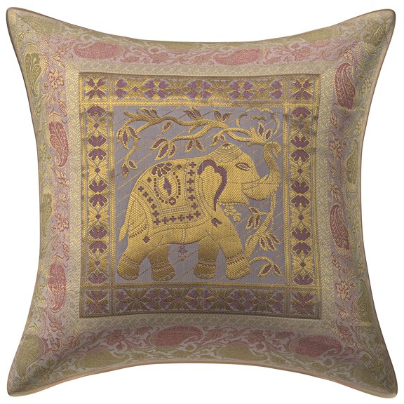 Stylo Culture Ethnic Chair Seat Throw Pillow Cover Floral 16x16 Jacquard White Square 40 x 40 cm Home Decor Brocade Elephant Zippered Cushion Cover | 1 Pc