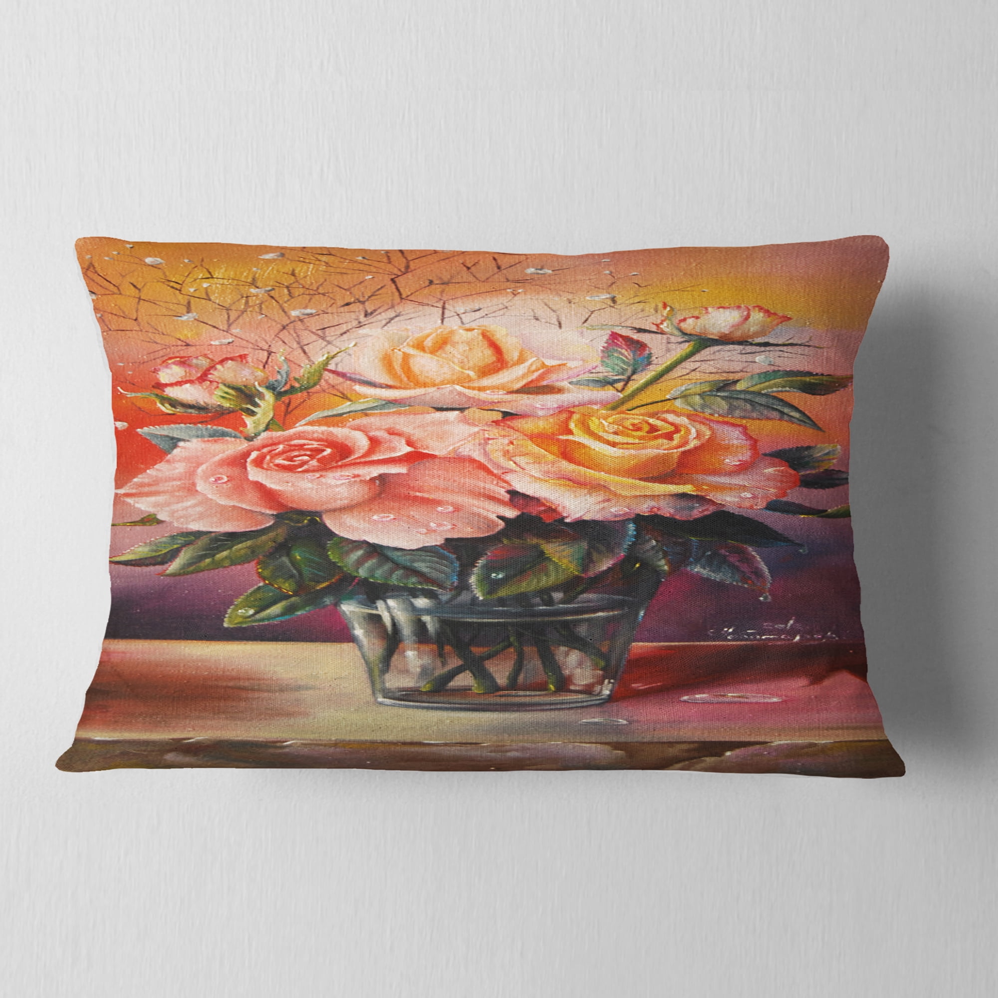 Designart Roses on Marble Table - Floral Throw Pillow - 12x20