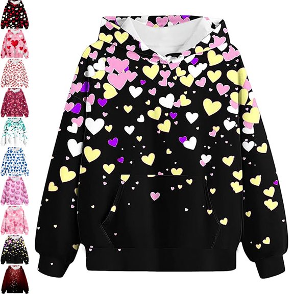 Bmisegm Hoodies for Girls Heart Print Pullover Casual Sweatshirt Outfit Top for Tween and Youth Girls Tops for Girls,Black_012,11-12 Years