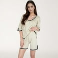 thumbnail image 3 of Women's Knit Lounge Set with V-Neck Top and Drawstring Shorts Featuring Contrast Trim - Light Beige, Large, 3 of 7