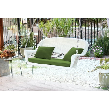 Jeco White Resin Wicker Porch Swing with Hunter Green Cushion