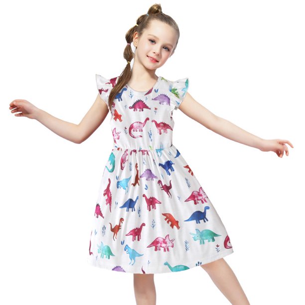 Maboto Girls Summer Dress Colorful Cartoon Print Cotton Short Sleeve Dresses One Piece Knee Length Walmart Com Walmart Com
