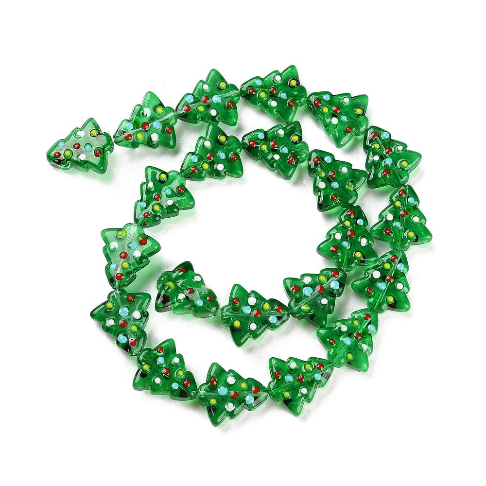Handmade Bumpy Glass Beads Strands Hand Drawn Beads Dyed Heated Dyed Heated with Enamel Christmas Trees Green 16~16.5x14.5~15x7~7.5mm