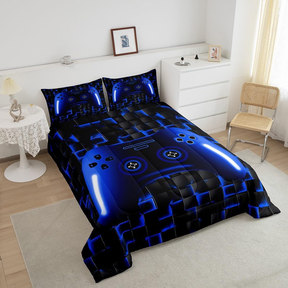 Gaming Full Size Comforter Sets Teen Game Controller Bedding Set 3Pcs Gamer Comforter For All Season,Blue And Black Geometric Checkered Quilt Set For Young Men,Soft Lightweight