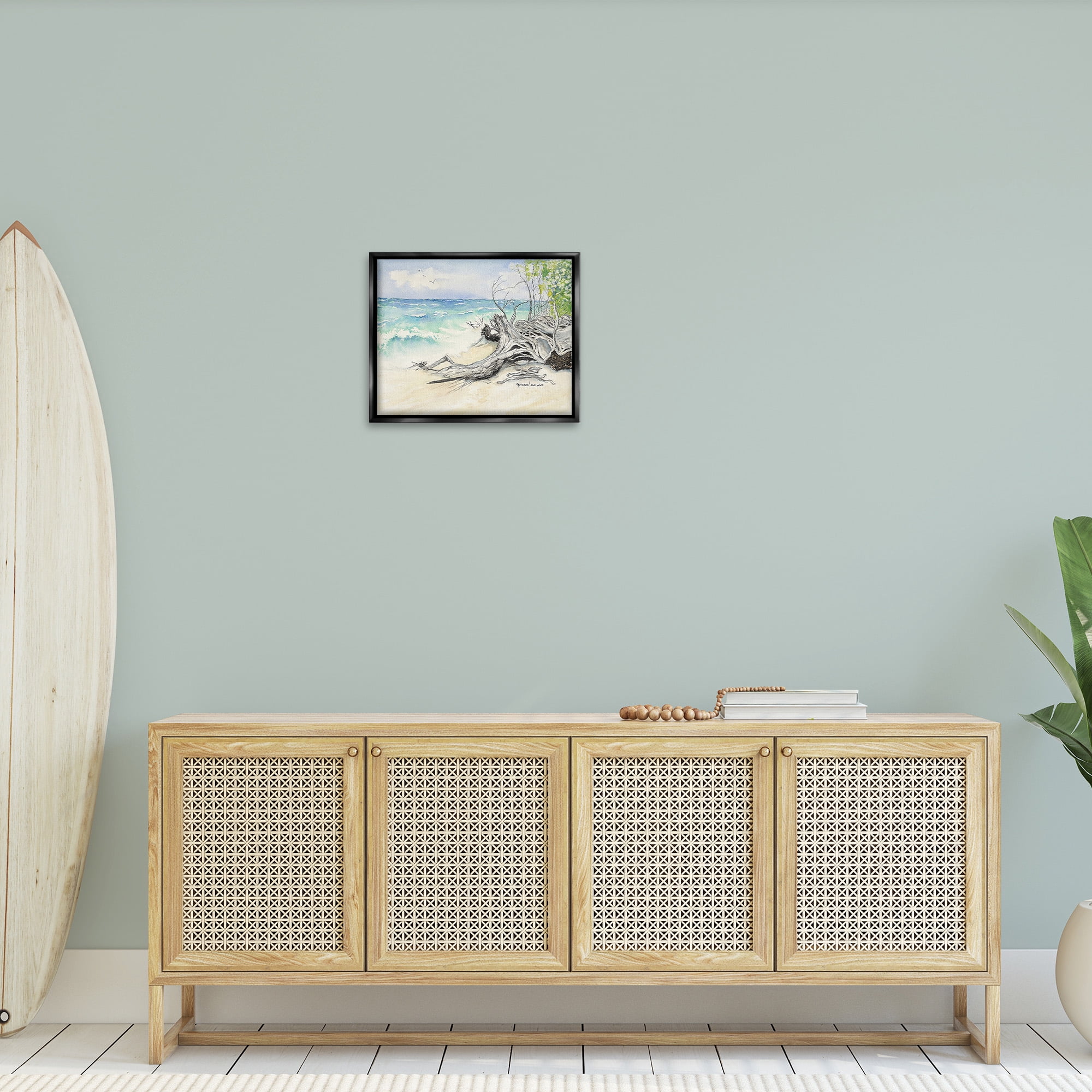 Stupell Industries Beach Driftwood Landscape Landscape Painting Black Floater Framed Canvas Art Print Wall Art, 21 x 17