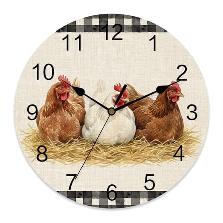 Wall Clock 14 Inch Farmhouse Chickens Straw Round Silent Decorative Wall Clocks Battery Operated