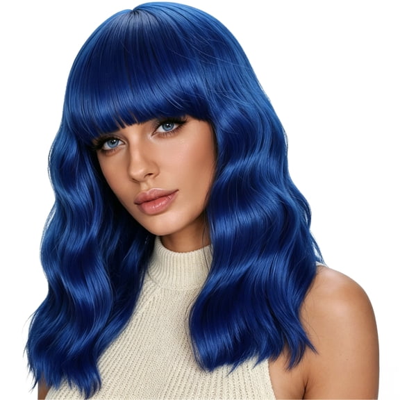 LOHXINHAIR Bob Wig Loose Wavy Shoulder Length Blue Hair for Women