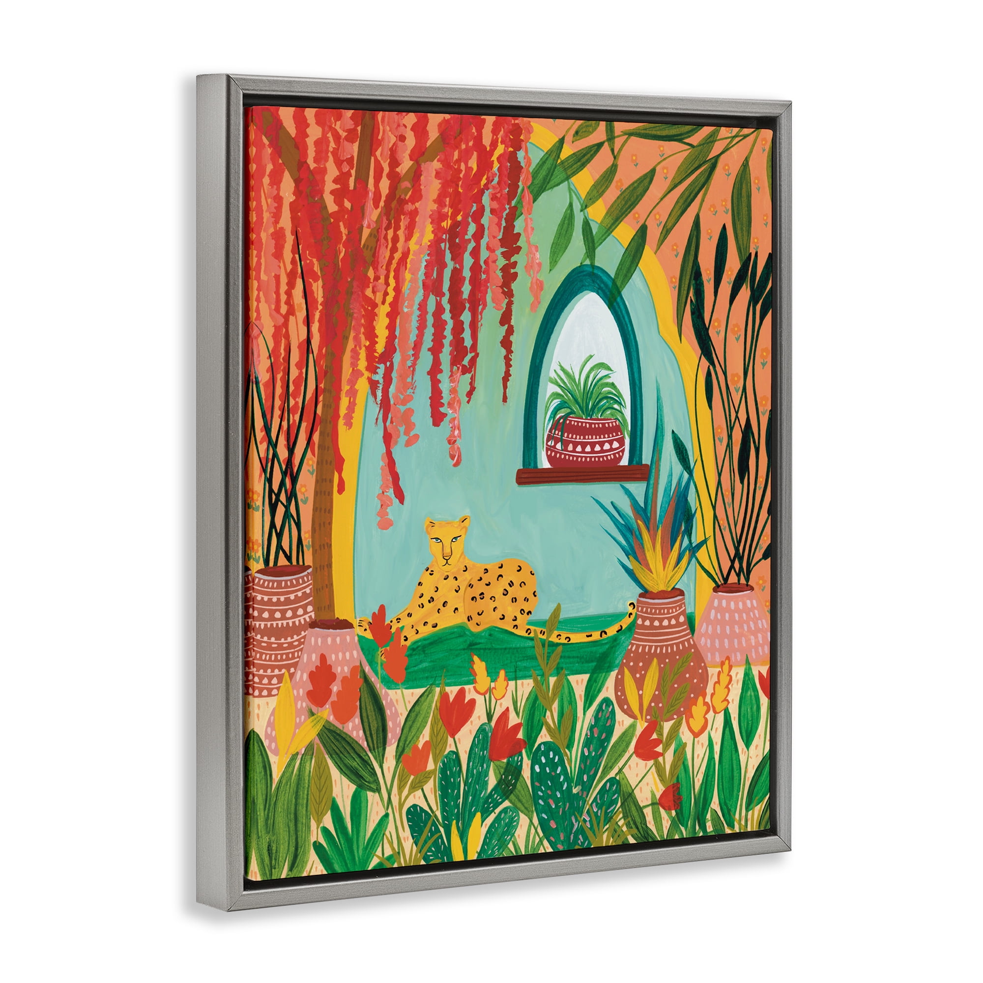 Lone Leopard Among Botanicals Gray Framed Floater Canvas Wall Art, design by Nabeela Rumi