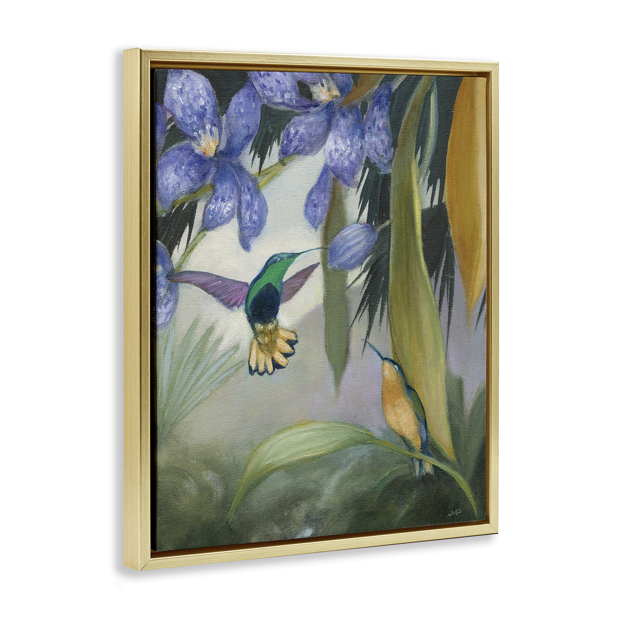 Stupell Industries Hummingbirds in Nature Landscape Painting Gold Floater Framed Canvas Art Print Wall Art, 25 x 31