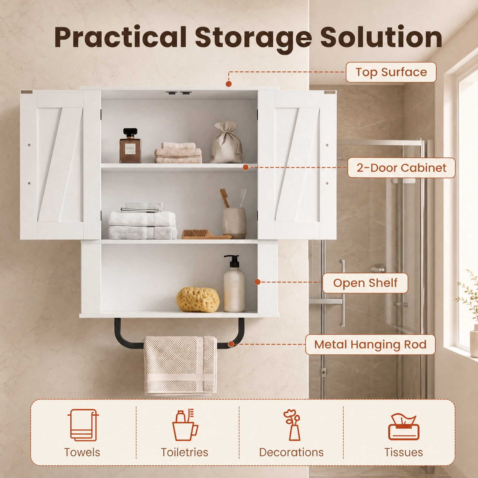 Vebreda Bathroom Wall Cabinet with 2 Sliding Barn Doors & Towel Bar, 3-Tier Farmhouse Wall-Mounted Storage Organizer with Open Shelves, White