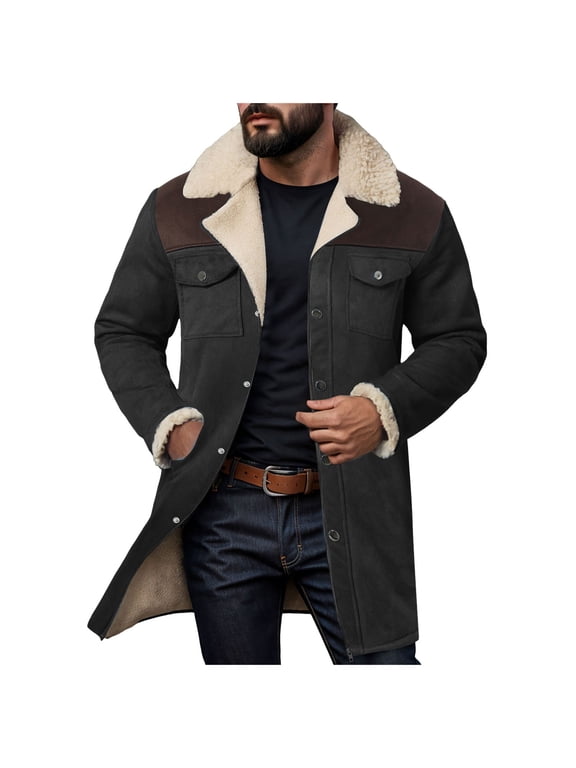 Men'S Vintage Suede Jacket Plush Collar Coats Leather Jacket Men Zip Up Motorcycle Jacket Coats Retro Tops Western Warm Outdoor