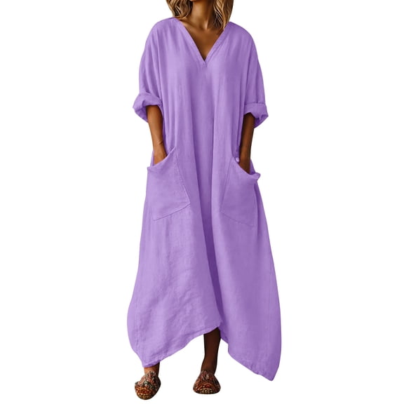 aohooy Women's Cotton Linen Maxi Dresses Baggy V Neck Half Sleeve Dress with Pockets Summer Casual A-Line Sundress Beach wear Purple,L