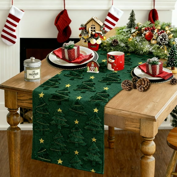 Gynky Table Runner Christmas Decorations Soft Plush Faux Fur Jacquard Christmas Trees Seasonal Winter Holiday Kitchen Dining Table Decoration For Indoor Outdoor Home Party Decor 13 x 72 Inch, Green