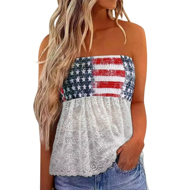 Loose Tank Tops Para Las Mujeres Mujeres encaje Bandeau Casual sin mangas verano vacaciones suelta vacaciones TubeTop camisa blusa plisada estiramiento túnica Top (White, L)