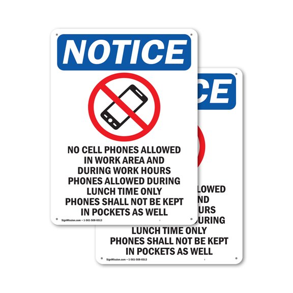(2 Pack) No Cell Phones Allowed OSHA Notice Sign 7 Inch X 10 Inch Indoor / Outdoor Rust-Free Aluminum Metal Signs for Workplace, Workshop, and Construction Site, Made in the USA