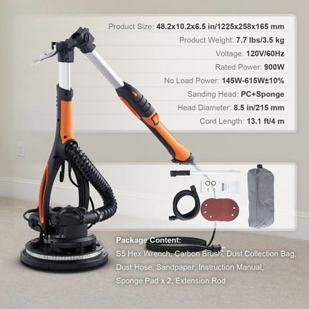 VEVOR Electric Drywall Sander 900W, Self-Suction & Variable Speed 800-1800 RPM, Foldable Handle & Self-Suction, with LED Strip Light and Vacuum Bag Power Tool  VEVOR Super Brand Day