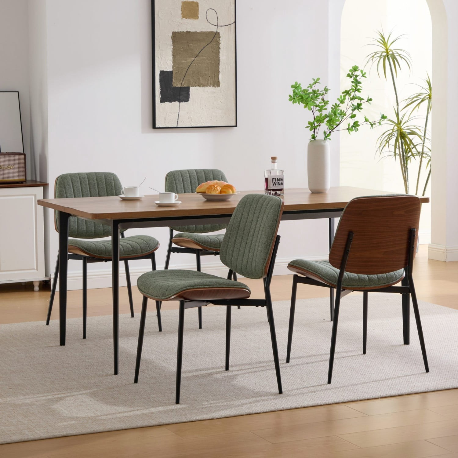 Dining Chairs Set of 2 Mid Century Modern Retro Faux Leather Chairs with Walnut Bentwood Back Upholstered Seat Metal Legs Adjustable Foot Pads Kitchen Dining Room Chairs, Olive Green