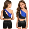 thumbnail image 5 of Hansber Kids Girls Cheerleading Outfit Gymnastics Dance Performance Sleeveless Crop Top with Shorts Set Royal Blue Black 6, 5 of 6