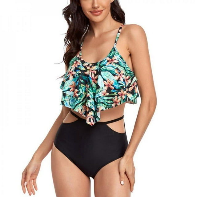 CNKOO Women‘s Oversize Double Ruffle Swimsuit High Waist Bikini Two Piece Suit Green Leaf Color XL