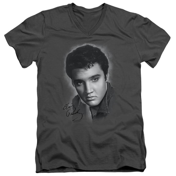 Elvis Presley Grey Portrait Adult V-Neck T-Shirt Charcoal
