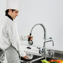 Heavy-Duty Pull-Down Kitchen Faucet, Wall Mount, 8-Inch Centerset, 12" Articulating Spout for Commercial & Residential Sinks, Brass