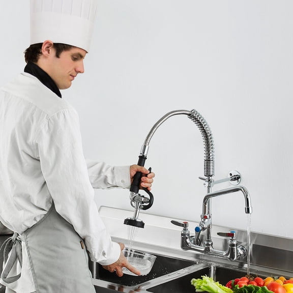 Heavy-Duty Pull-Down Kitchen Faucet, Wall Mount, 8-Inch Centerset, 12" Articulating Spout for Commercial & Residential Sinks, Brass