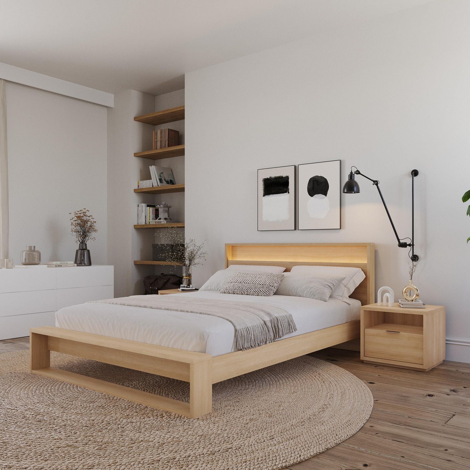 Gael 4 Piece Queen Size Bedroom Set with Slatted Bedframe, Headboard with Integrated Light, 2 Nightstands