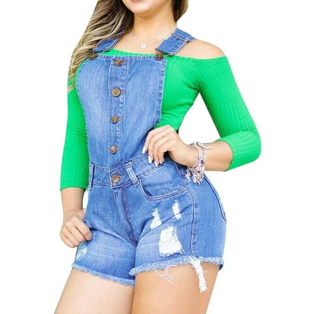 JDinms Womens Button Denim Overall Shorts