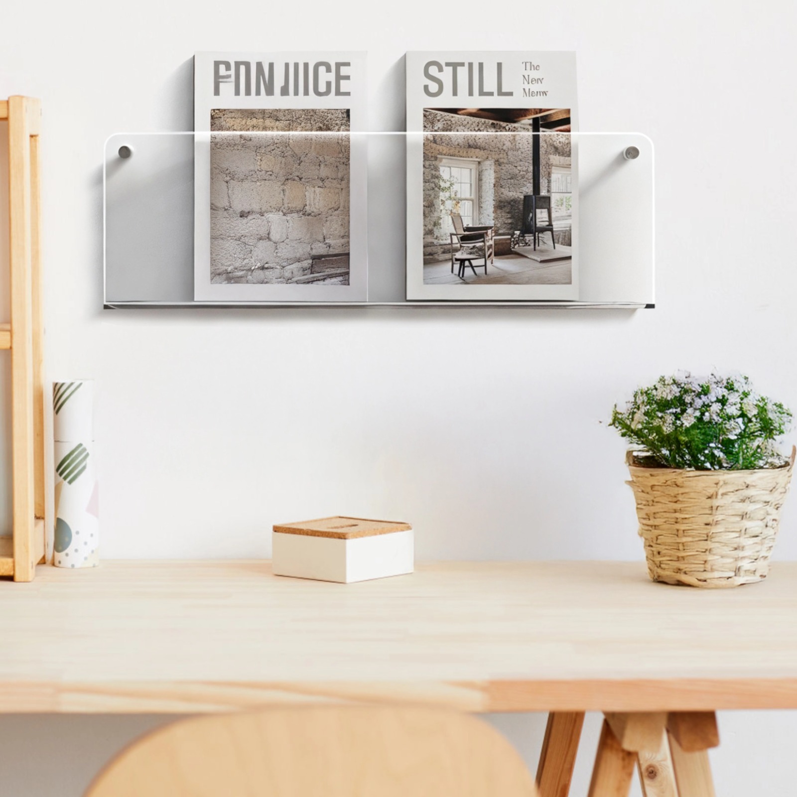 2 Pcs Clear Acrylic Wall-Mounted Shelves, No-Drill Transparent Display Racks, Floating Book Holders for Magazines and Records, Modern Easy Installation for Home and Office, 40 cm/15.75 in