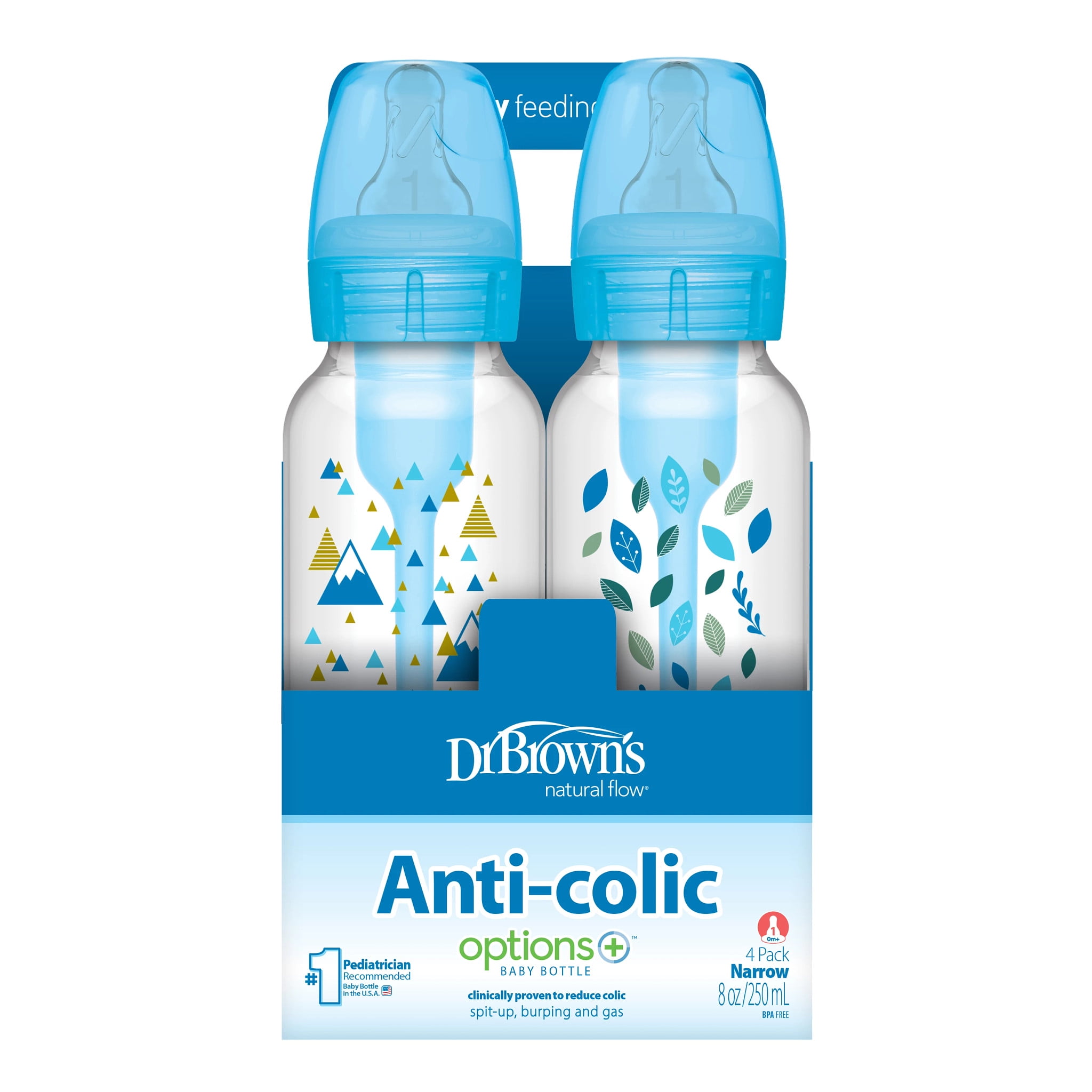 Dr. Brown's Anti-Colic Options+ Narrow Baby Bottle, Blue Nature, 8oz, 0m+, 4 Pack
