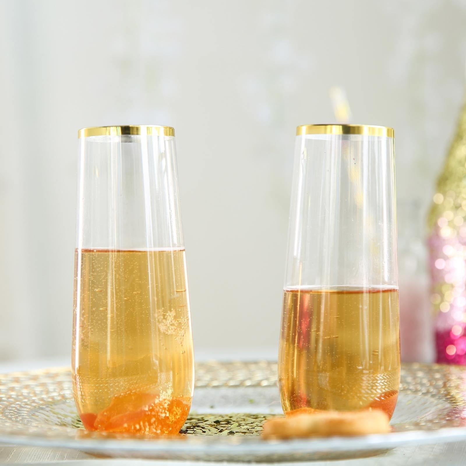 ZOURIH 24 Pcak Champagne Flutes Plastic, 9 Oz Resuable Stemless Mimosa Gold Rim Toasting Glasses, Clear Crystal Plastic Cocktail Cups for Party Wedding Birthday,Clear