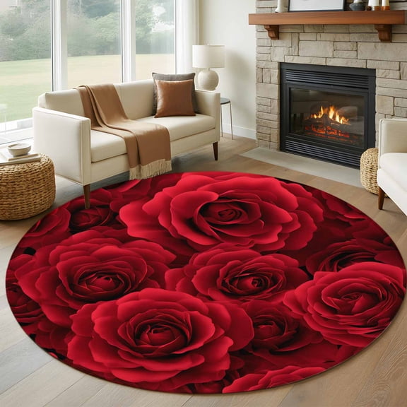 Round Rug 5Ft Washable Non-Slip, Red Roses Circle Area Rugs for Living Room Bedroom, Valentine's Day Flowers Floral Vintage Indoor Floor Mats Carpet Runner for Home Decor Aesthetic