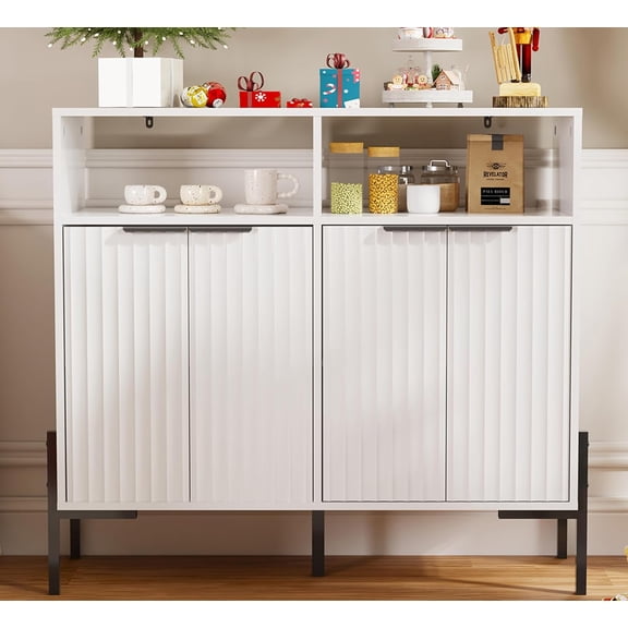 White Buffet Cabinet with Storage, Fluted Storage Cabinet with Doors & Adjustable Shelves, Solid Wood TV Stand Credenza for Kitchen Dining Room, 41"L x 14"D x 37"H Easy Assembly Kitchen Sideboard