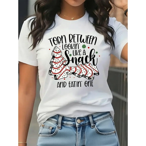 Merry Christmas Tshirt Christmas Tree Print Short Sleeve Shirt for Women