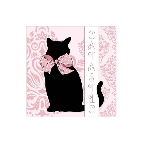 Catastic Pink Damask Black Cat 12 x 12 Wood Wall Sign Plaque