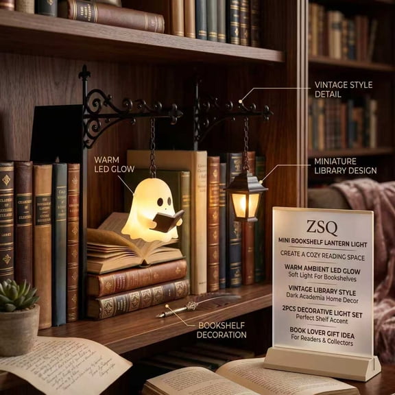 Library Lantern Mini Bookshelf Lamp & Ghost Bookshelf Lantern Set, 2PCS Gothic Reading Book Decorative Figurines, Vintage Book Nook Shelf Decor, Warm Glow Accent Light
