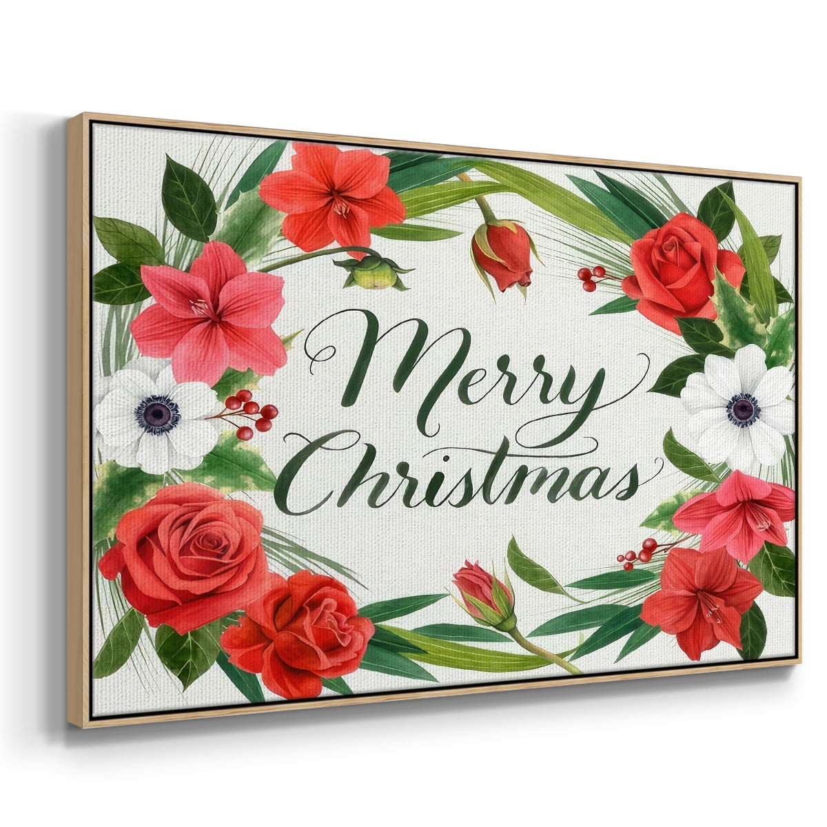 Christmas Flora Wreath Collection A - Framed Gallery Wrapped Holiday Canvas - 17 x 25 - Natural Wood Frame