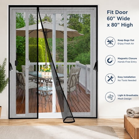 Reversible Left Right Side Opening Magnetic Screen Door 62" x 81" for 60x80" French Door Heavy Duty Mesh Curtain for Patio Sliding Glass Door