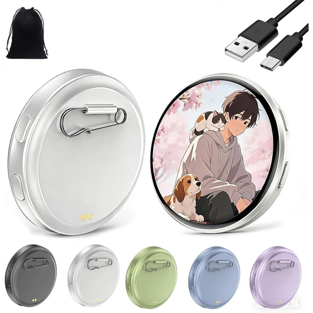 Electronic Badge Digital Display Pin, 1.8'' Ips Touch Screen, Custom Photo Slideshow Gif Video, Magnetic Clip, Long Battery Life, For Cosplay Ita Bag Comic Convention Gift