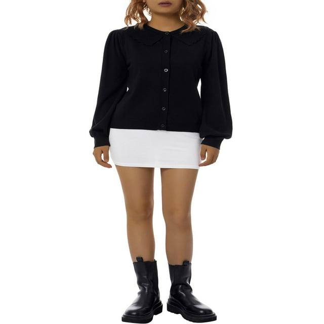 Cardigan Court Uni pour Femmes, Manches Lanterne, Col à Revers, Bouton, Tricoté, Vert m