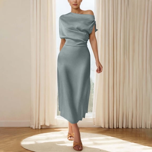 Women's 2026 Summer Dresses Off The Shoulder Solid Round Neck Short Sleevees Casual Comfortable All Occasion Sundresses - Blue∣M