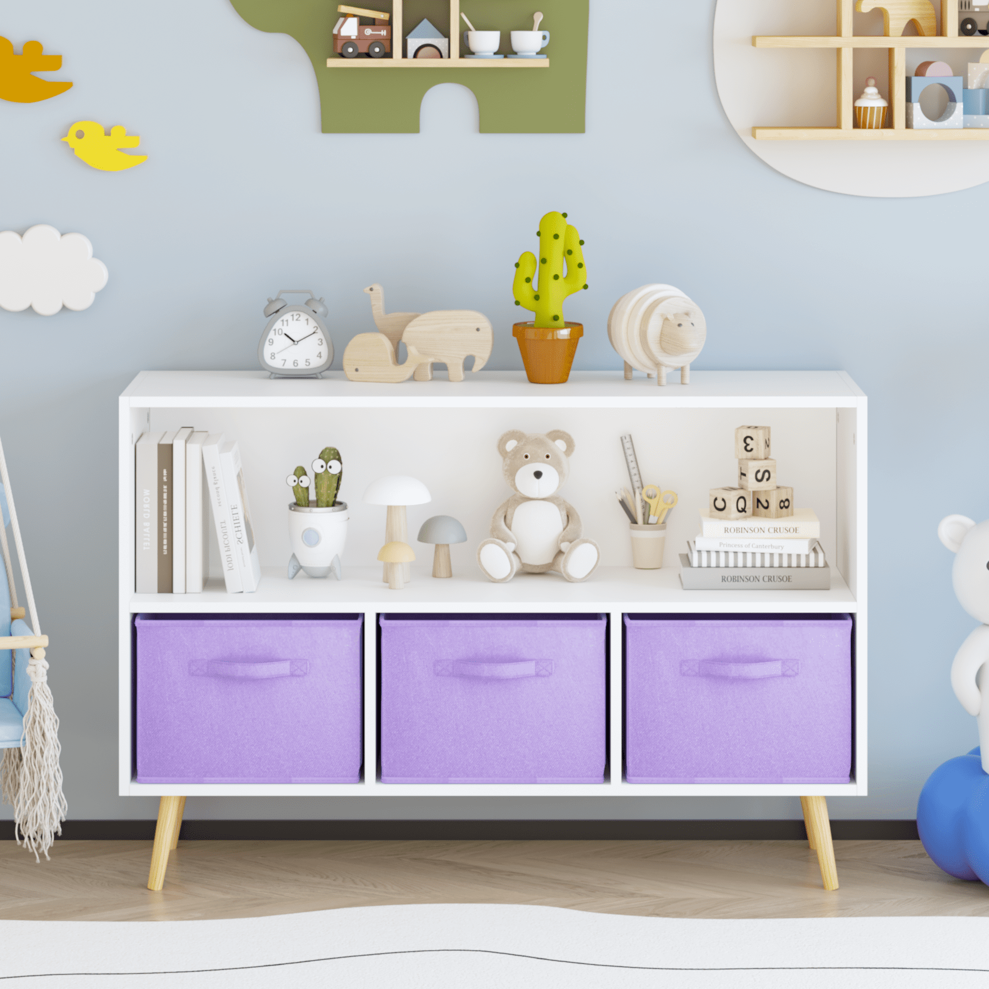 Kids Bookcase with Collapsible Fabric Drawers, Children Book Display & Toy Storage Organizer, White/Purple, Anti-Tip Safety Cabinet