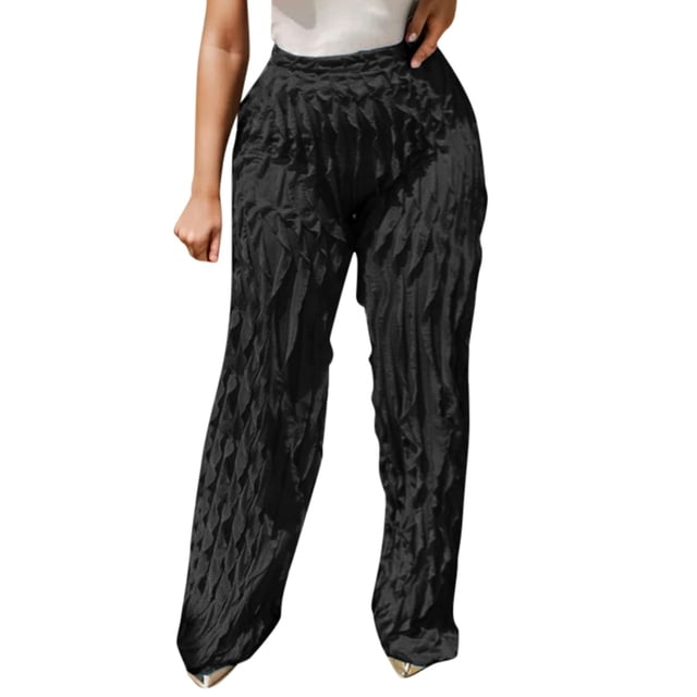 YDLCAFD Women Solid Color Mesh Wavy Pattern Wide Leg Ruffled Elastic High Waist Fashionable And Comfortable Trousers Pants